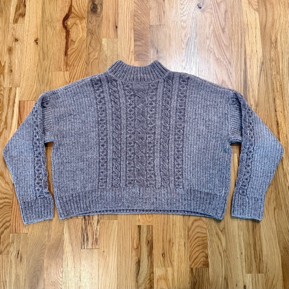 Rachel Zoe Gray Chenille Cable Knit Cropped Mock Neck Sweater Size M